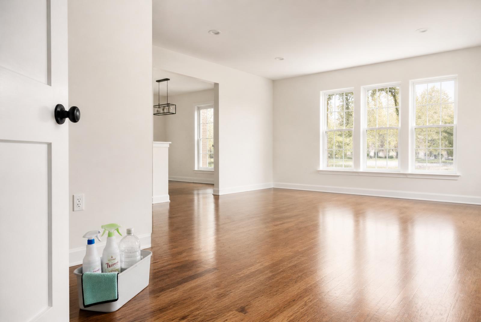 Sunlit empty room with gleaming hardwood floors after a move-out clean