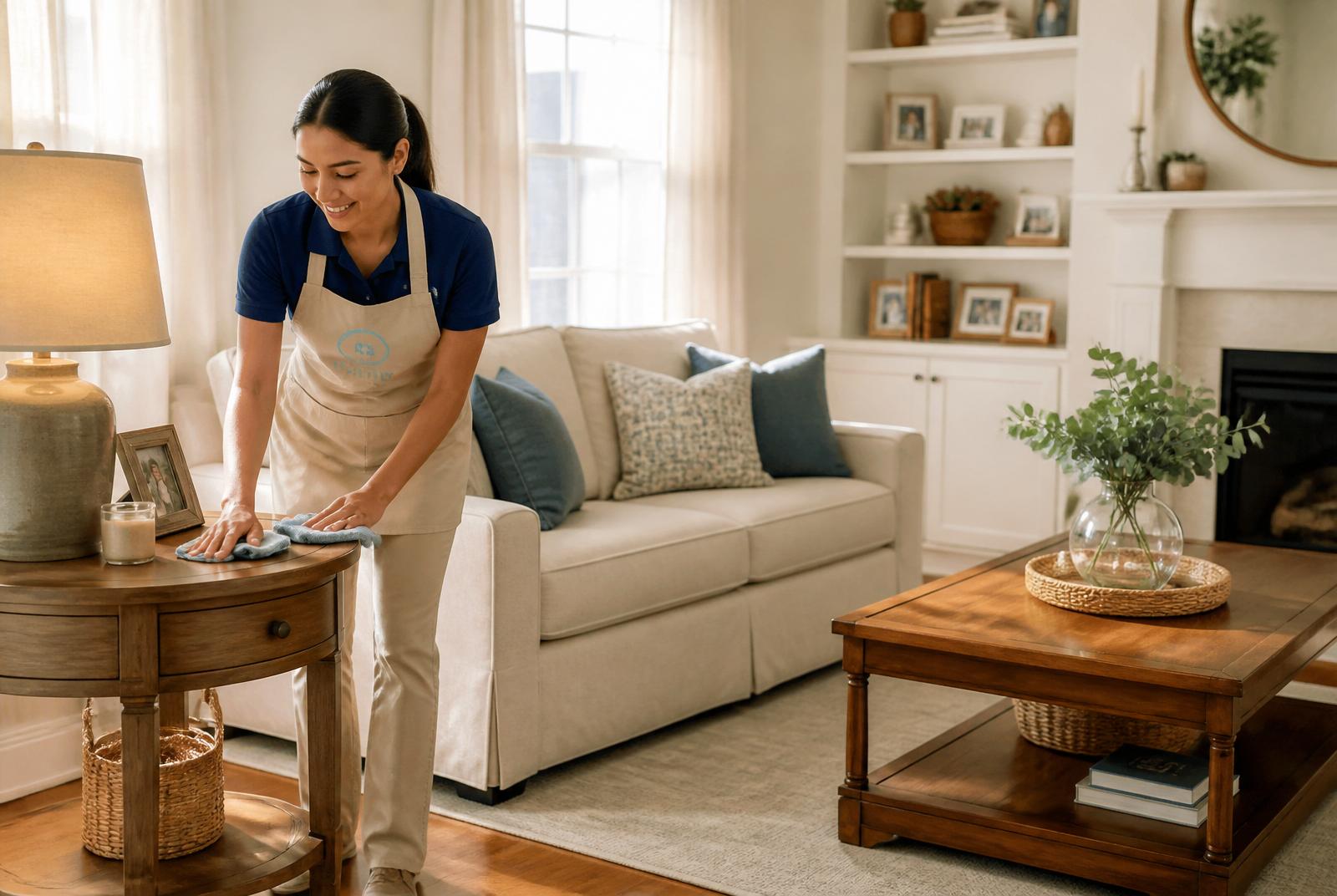 Warm family living room being maintained by a friendly cleaner